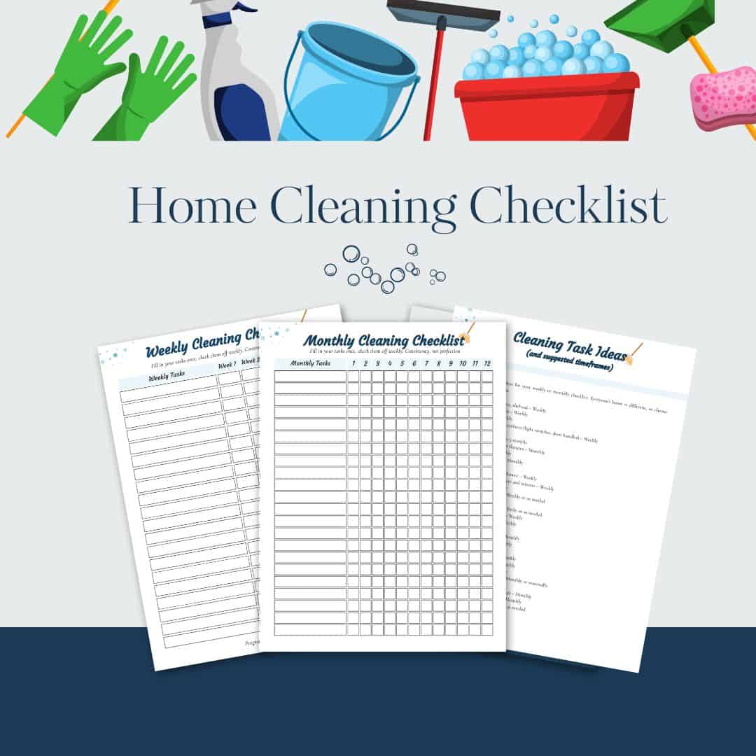 another picture of the home cleaning checklists with mops and cleaning supplies as a border.
