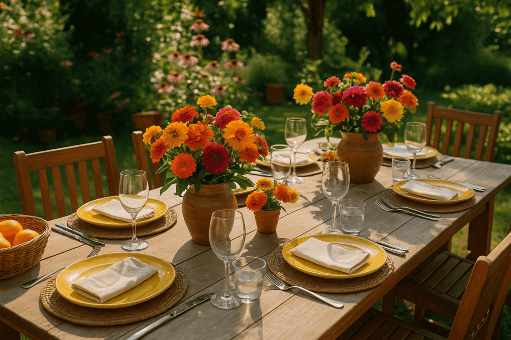 a picture of a table set with red and orange flowers for a summer setting