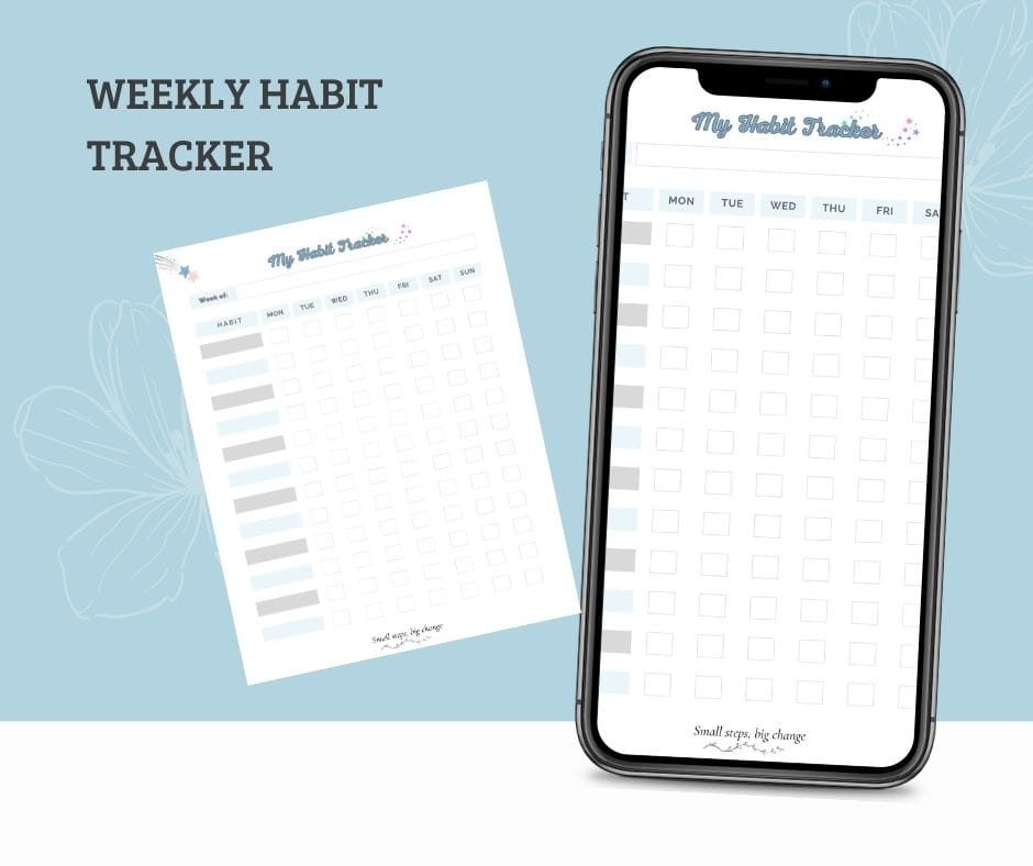 a picture of a habit tracker on paper and on a phone next to it.