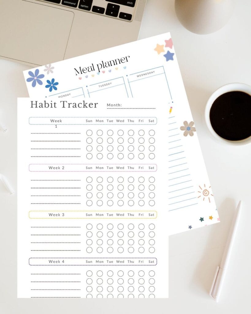 A picture of a meal planner and a habit tracker on a desk with a cup of coffee