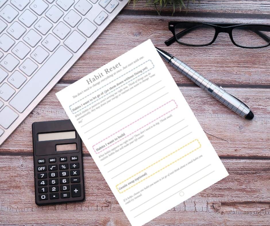 a mock up picture of a habit tracker reset page on a desk with a pen, glasses and calculator