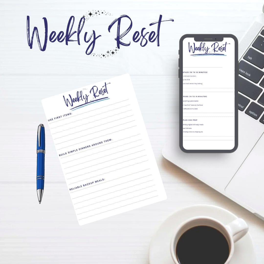 a picture of weekly reset printable ona phone and next to it a pen and a checklist on paper